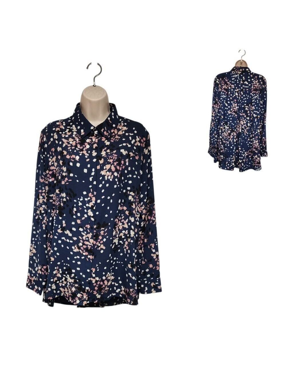 Investments Button Down Long Sleeve Multi-Blue Flowy Lo-Hi Tunic Blouse Size L
